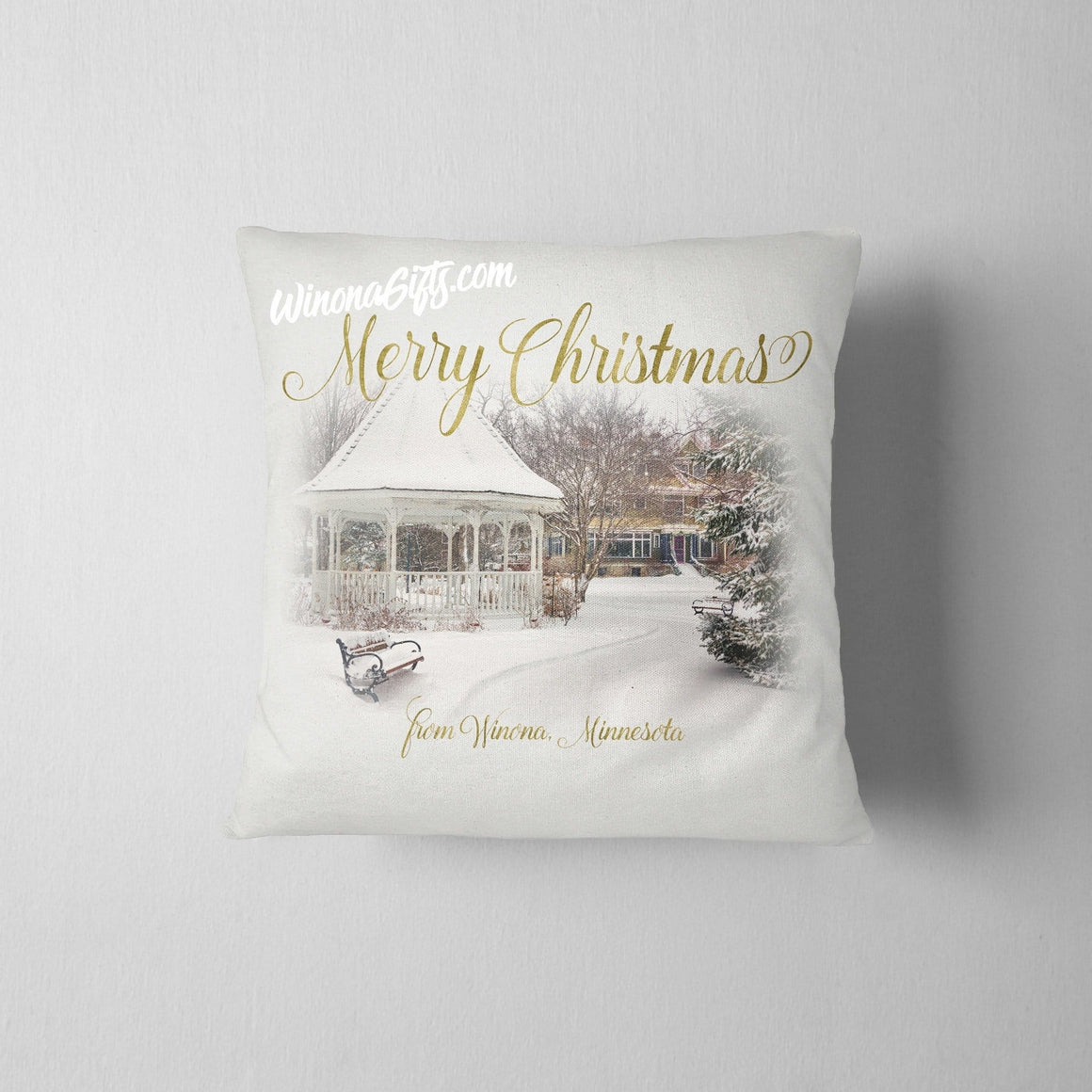 Pillow Merry Christmas from Winona MN Snowy Gazebo - Kari Yearous Photography